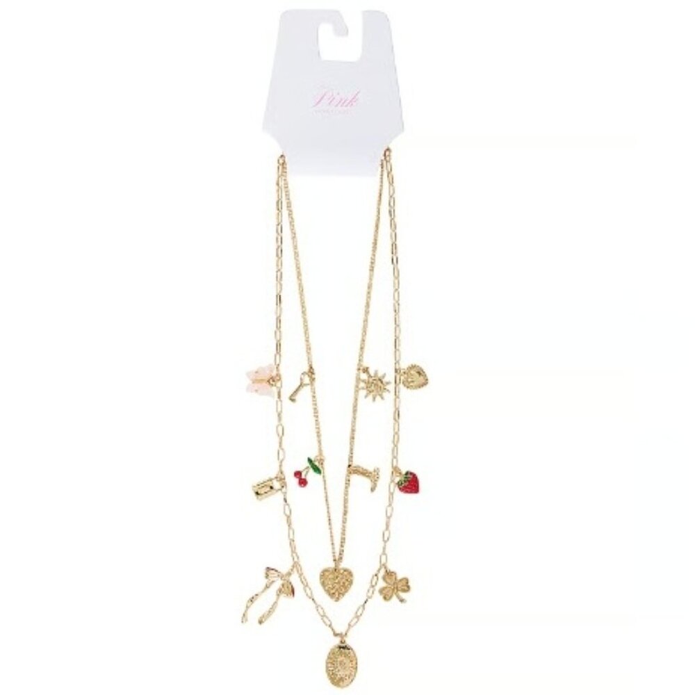 PINK VICTORIA'S SECRET 2pc SET Gold Hearts, Lucky Clover, Sun Charms Necklaces - Picture 4 of 4